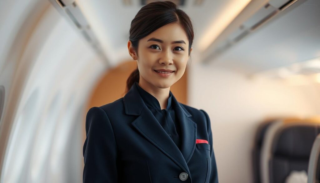 A calm and professional-looking Japanese cabin attendant stands in the center of the frame, dressed in a crisp, well-tailored uniform. The lighting is soft and diffused, creating a warm, inviting atmosphere. The attendant's expression is one of confident poise, conveying their strong English proficiency and ability to provide excellent customer service. The background is slightly blurred, keeping the focus on the attendant's face and upper body. The overall aesthetic is one of polished elegance, reflecting the high standards and language skills required for this role.