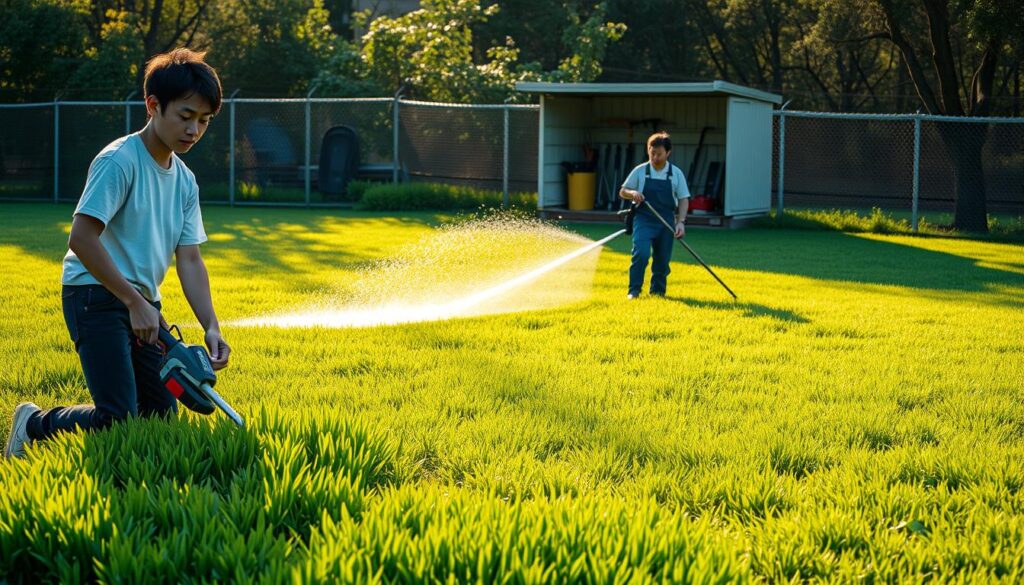 A calm, serene scene depicting a group of well-trained groundskeepers tending to a lush, verdant sports field. In the foreground, three young Japanese individuals, their faces reflecting a quiet focus, meticulously trim the grass with precision electric clippers. In the middle ground, a groundskeeper waters the field with a hose, ensuring even distribution. In the background, a shed filled with groundskeeping tools and equipment stands, casting soft shadows across the scene. The lighting is natural, with a warm, golden glow from the sun filtering through, creating a sense of tranquility. The overall atmosphere conveys the dedication and professionalism required for this specialized career.