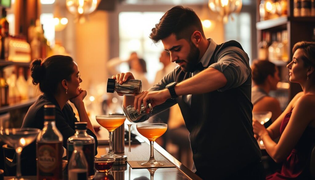 A captivating scene of a skilled bartender crafting cocktails with precision and flair, their movements fluid and graceful as they pour, mix, and garnish. The bar's warm lighting casts a cozy glow, reflecting off the gleaming bottles and glassware. Patrons sit at the counter, engrossed in conversation, their faces alight with the pleasure of the moment. The bartender's keen attention to detail and unwavering focus on providing an exceptional experience for their guests is palpable, showcasing the artistry and passion inherent in the profession. A sense of energy and excitement permeates the scene, capturing the allure and fulfillment of a bartender's work.