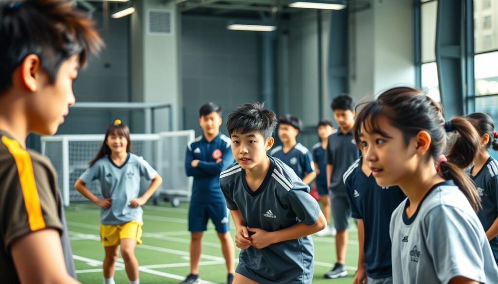 A captivating scene of a talent scouting and player development process. In the foreground, a group of young, vibrant Japanese-looking individuals engage in various athletic activities, their expressions conveying determination and focus. The middle ground showcases coaches and trainers observing intently, providing guidance and assessment. In the background, a sleek, modern sports facility with state-of-the-art equipment sets the stage for this meticulously curated talent development process. Soft, natural lighting illuminates the scene, creating a sense of optimism and potential. The overall atmosphere exudes a professional, yet nurturing environment, where promising talents are discovered and nurtured to reach their full potential.