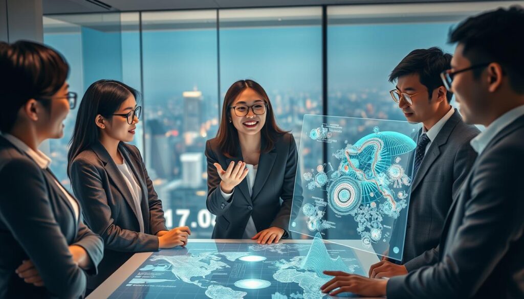 A captivating scene of a team of young, Japanese-looking professionals, their faces brimming with focus and expertise, gathered around a holographic display showcasing intricate spatial data visualizations. The room is bathed in a warm, soft lighting, creating an atmosphere of collaborative innovation. In the foreground, a woman in a tailored blazer gestures animatedly, explaining complex concepts to her colleagues, who nod in understanding. The middle ground features a sleek, modern conference table, while the background showcases a panoramic view of a bustling city skyline, hinting at the broad scope of the consultants' work. This image conveys the specialized skills, analytical prowess, and problem-solving abilities of the "Spatial Information Consultants" at the heart of the article.