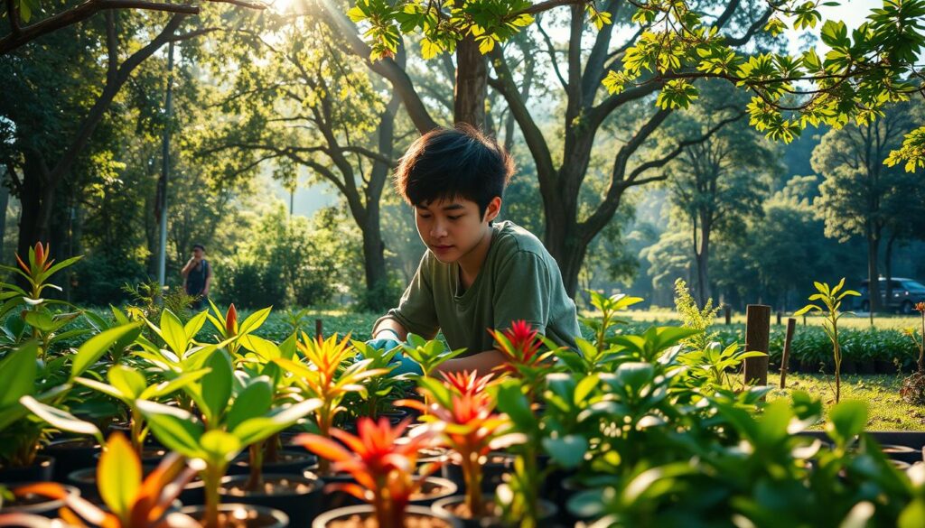 A captivating scene of a young, Japanese-looking plant hunter passionately tending to a lush, verdant garden. Sunlight filters through the canopy, casting a warm, golden glow over the intricate details of the plants and the hunter's focused expression. In the middle ground, an array of potted specimens are carefully arranged, showcasing the hunter's dedication to preserving rare and endangered species. The background features a backdrop of towering trees and a serene, natural landscape, emphasizing the harmonious relationship between the plant hunter and the environment they seek to protect. The overall mood conveys a sense of reverence, responsibility, and a deep connection to the natural world.