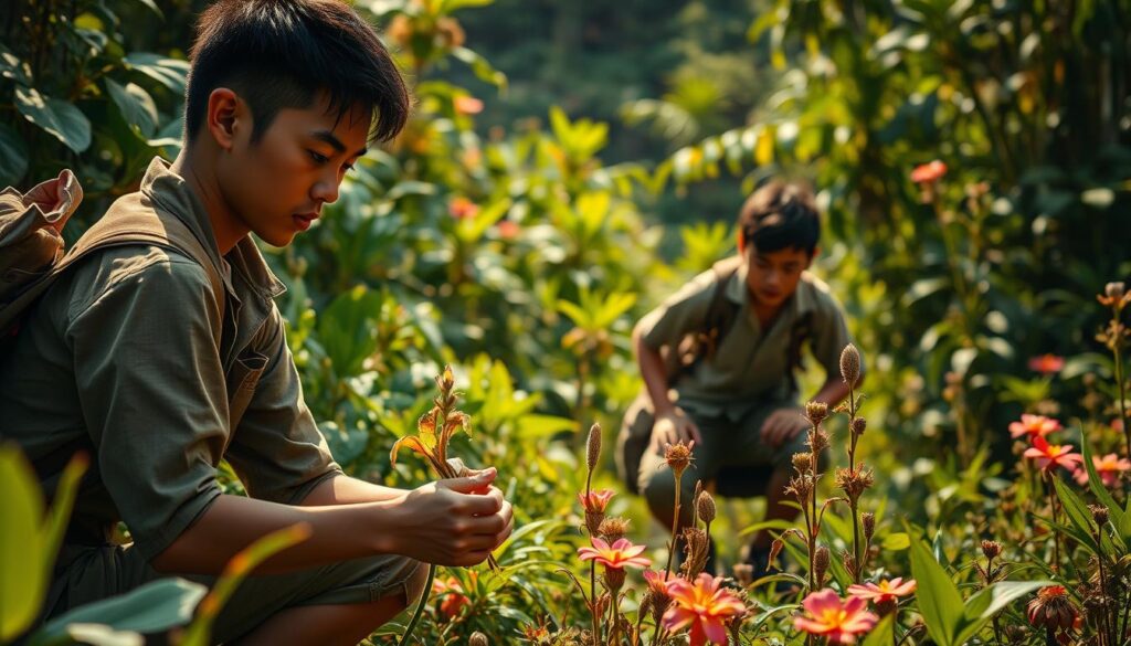 A captivating scene of three young Japanese-looking plant hunters, their faces etched with determination, as they navigate a lush, verdant landscape. In the foreground, one crouches intently, carefully examining a delicate floral specimen. In the middle ground, the other two collaborate, discussing their findings and strategizing their next steps. The background is filled with a tapestry of vibrant, exotic foliage, hinting at the challenges and wonders that await them on their journey. Warm, natural lighting bathes the scene, creating a sense of tranquility and purpose. The overall atmosphere conveys the thrill of discovery, the pursuit of knowledge, and the promise of a rewarding, yet uncertain, future in the field of plant hunting.