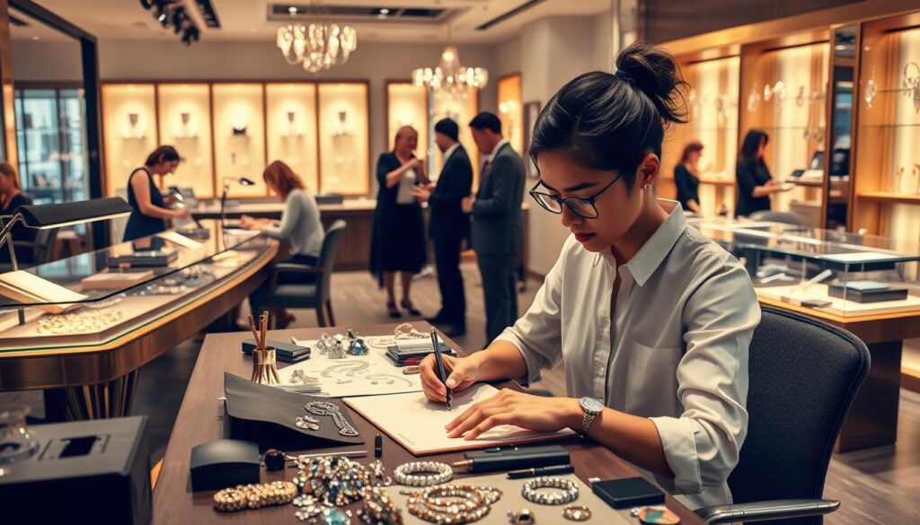A captivating scene showcasing the diverse career paths for a jewelry designer. In the foreground, a young, meticulous designer carefully sketches intricate jewelry designs on a stylish workstation, surrounded by an array of gemstones and precious metals. In the middle ground, a team of designers collaborates on a high-end jewelry collection, discussing ideas and refining concepts under soft, warm lighting. In the background, a luxurious jewelry showroom displays the designer's exquisite creations, with well-dressed clients perusing the elegant displays. The overall atmosphere conveys the creativity, craftsmanship, and glamour inherent in the jewelry design industry.