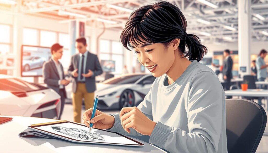 A career-focused illustration showcasing the progression of a passionate car designer's journey. In the foreground, a young, dark-haired Japanese designer sketches elegant concepts on a tablet, brimming with creative energy. The middle ground features them presenting their work to a panel of seasoned professionals, their faces radiating expertise. In the background, an expansive workspace bustles with the activity of a renowned design studio, filled with cutting-edge tools and the latest technologies. Soft, natural lighting casts a warm, aspirational glow, capturing the essence of a fulfilling career path in automotive design.