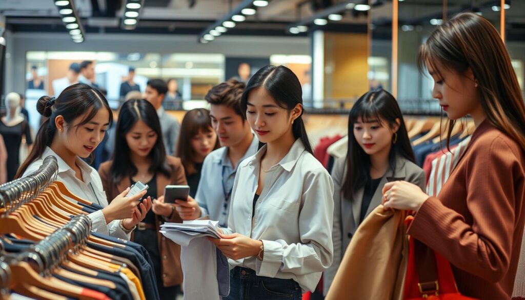 A career path of a fashion buyer, showcasing a group of young, Japanese-looking professionals in a realistic photographic style. In the foreground, a buyer inspects samples of clothing, assessing quality and trends. In the middle ground, colleagues discuss pricing and inventory strategies, surrounded by racks of stylish apparel. The background depicts a chic retail environment, with refined lighting and clean, modern aesthetics. The overall mood conveys the dynamic, fast-paced nature of the buyer's role, balancing creativity, analytical skills, and industry expertise.