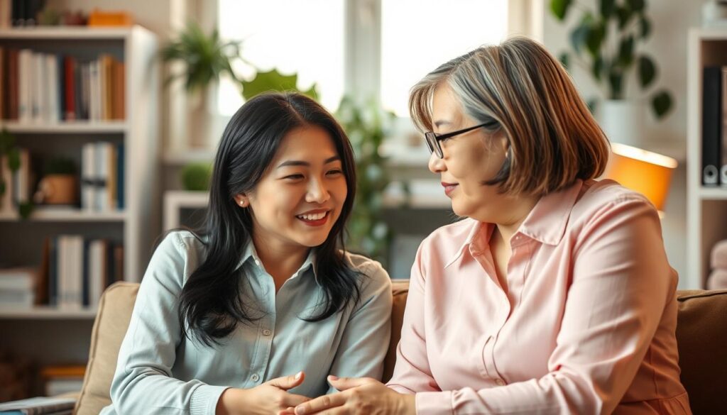 A caring caseworker sitting with a young Japanese woman, listening intently. Soft, warm lighting illuminates their faces, conveying a sense of empathy and understanding. The woman's expression is one of relief, as the caseworker offers guidance and support. In the background, a cozy office setting with books and plants, creating a comfortable, professional atmosphere. The scene captures the essence of a successful caseworker-client interaction, where trust, compassion, and effective assistance are at the forefront.