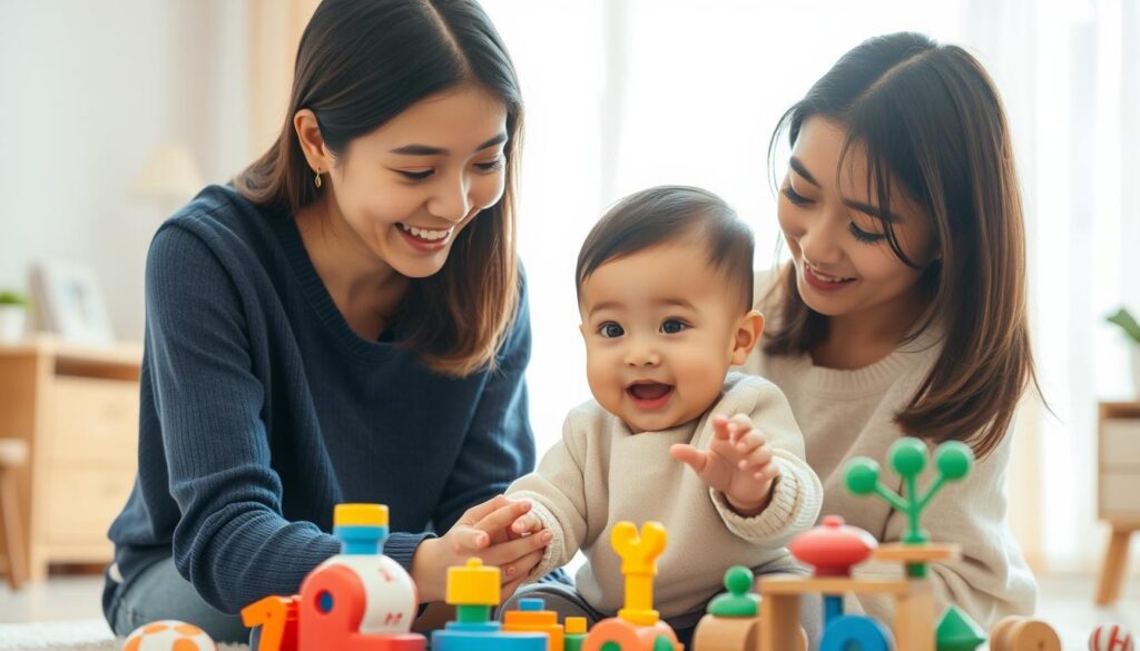 A caring nanny gently guiding a young child, their faces beaming with joy as they engage in playful learning activities. The nanny's warm, nurturing presence radiates through the natural lighting, captured in a candid, documentary-style composition. The child's eyes are wide with wonder, their hands reaching out to explore educational toys thoughtfully arranged in the serene, clutter-free space. The scene conveys the nanny's crucial role in supporting the child's cognitive, physical, and emotional development through attentive, personalized care. The models have a youthful, Japanese-inspired appearance, their expressions and body language conveying the trust and connection between the nanny and child.
