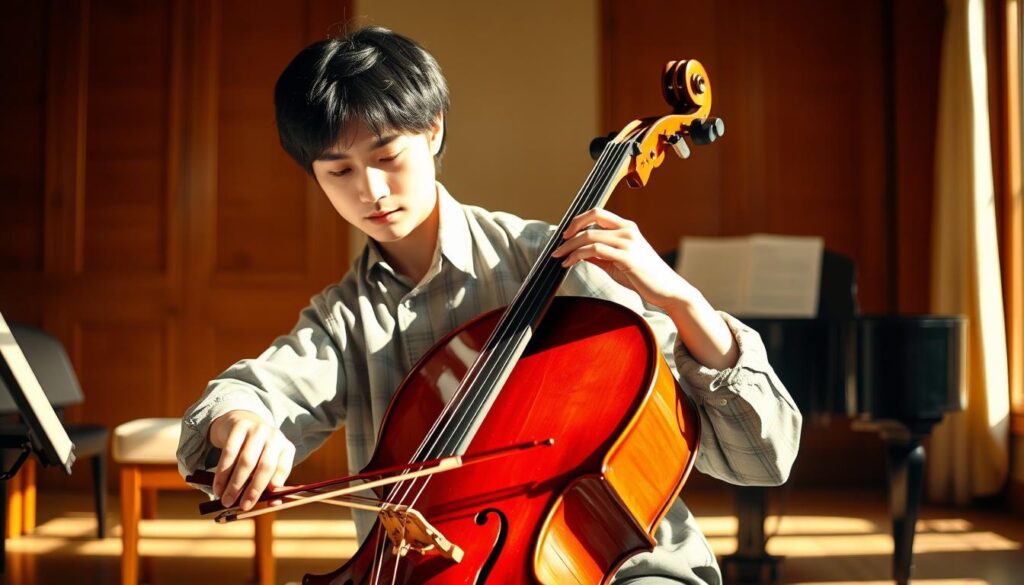 A cello player, sitting in a sunlit practice room, intently focuses on their instrument. The rich, warm lighting casts a soft glow, accentuating the musician's delicate movements as they meticulously draw the bow across the strings. In the background, a grand piano sits, hinting at the harmonious accompaniment that completes the practice session. The scene conveys a sense of dedication and discipline, capturing the essence of a cellist's journey towards musical mastery. The model has a youthful, Japanese-inspired appearance, their expression one of deep concentration as they navigate the complexities of their craft.