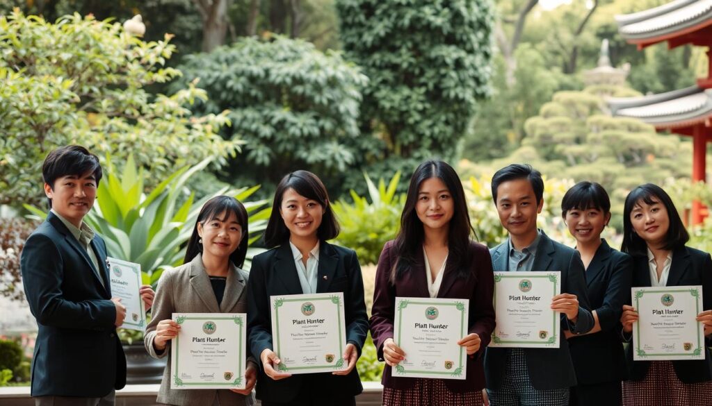 A certification ceremony for dedicated plant hunters, held in a serene Japanese garden. The foreground features several young, photogenic Japanese individuals dressed in professional attire, posing confidently as they receive their "Plant Hunter" accreditation certificates. The middle ground showcases a lush, verdant backdrop of indigenous flora, accentuated by soft, natural lighting that casts a warm, ambient glow. The background subtly incorporates traditional Japanese architectural elements, such as a pagoda or temple, further enhancing the cultural authenticity of the scene. The overall mood is one of pride, accomplishment, and a deep reverence for the natural world.