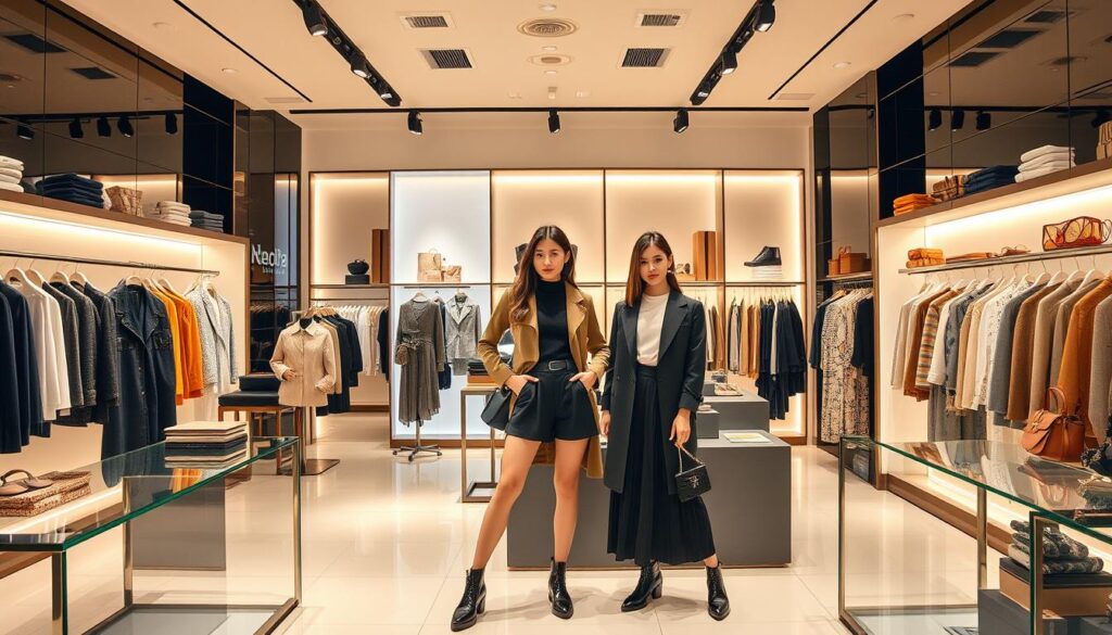 A chic fashion boutique with carefully curated displays showcasing the latest apparel and accessory trends. The interior is bathed in warm, natural lighting that highlights the sleek, minimalist design elements. Three young, stylish Japanese models confidently pose amidst the merchandise, exuding an air of effortless elegance. The scene conveys a sense of sophisticated branding and marketing, reflecting the latest strategies for engaging fashion-forward consumers.