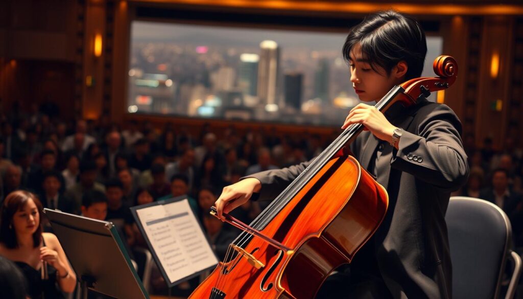 A classical cellist on a world stage, their fingers gliding gracefully across the strings as they perform an emotive concerto. The concert hall is bathed in warm, ambient lighting, casting a soft glow on the musician's face. The audience sits in rapt attention, captivated by the virtuosic display. In the background, a panoramic view of a bustling international city skyline, hinting at the global reach and acclaim of this talented artist. The cellist, a young, dark-haired Japanese individual, exudes a sense of poise and confidence as they engage in their craft on the world's stage.