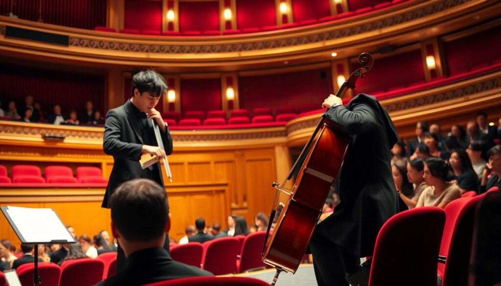 A classical concert hall with warm lighting and plush red velvet seating. A talented young Japanese cellist, dressed in a formal black outfit, stands center stage, bowing gracefully as they perform a captivating piece. The audience is enraptured, their faces reflecting the emotional intensity of the music. The cellist's fingers dance across the strings, creating a rich, sonorous sound that fills the space. Soft shadows accentuate the performer's focus and dedication, while the stage's elegant architecture provides a refined, sophisticated backdrop. This image captures the essence of a professional cellist's public performance, a testament to their skill and the power of live classical music.