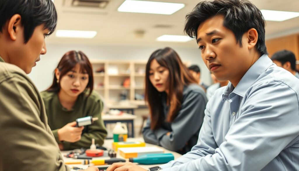A classroom setting with a group of young Japanese-looking individuals engaged in an intensive pest control training program. The foreground features three trainees intently focused on a demonstration, their faces expressing a mixture of concentration and determination. The middle ground showcases a well-equipped training facility, with various pest control tools and equipment displayed on tables. The background depicts a clean, well-lit environment, conveying a sense of professionalism and attention to detail. The lighting is natural, with soft shadows and highlights accentuating the subjects' features. The overall atmosphere is one of a structured, hands-on learning experience, reflecting the "Research and Training Program" theme.