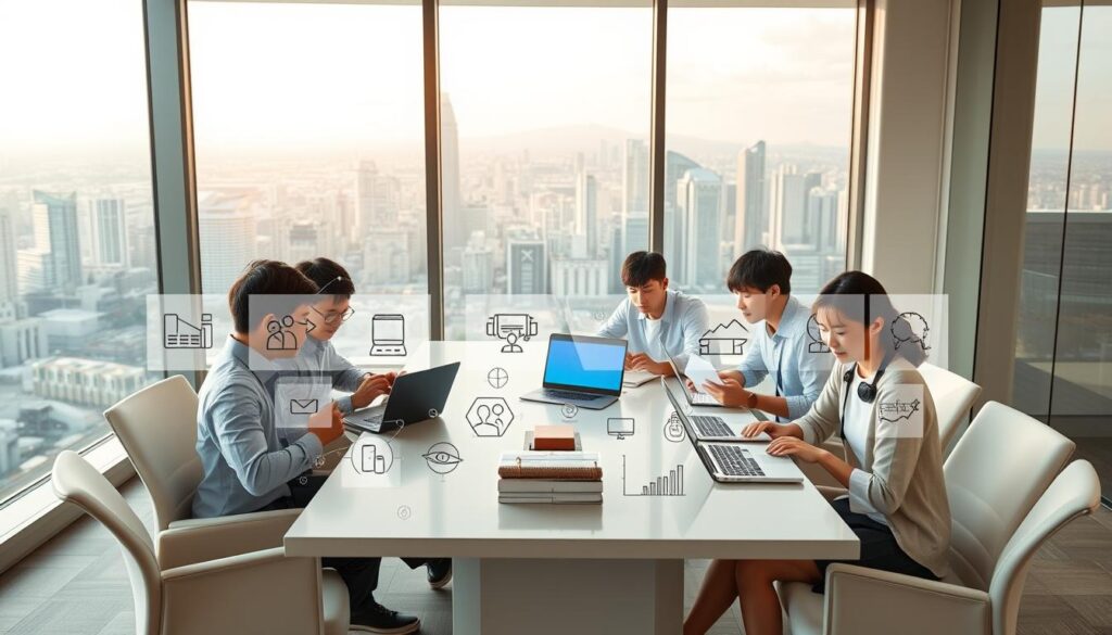 A clean, modern office setting with sleek, minimalist furnishings and large windows overlooking a bustling city skyline. In the foreground, a group of young, professional-looking Japanese individuals seated around a conference table, intently studying various career-focused websites on their laptops and tablets. The middle ground features various industry-specific icons and logos, representing different job sectors and career paths. The background showcases a panoramic view of the city, bathed in warm, golden light, creating a sense of opportunity and possibility. The overall mood is one of focus, collaboration, and a desire to make an informed, strategic career decision.