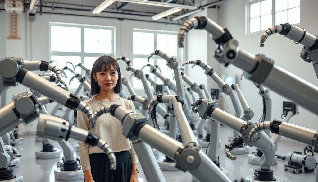 A clean, well-lit studio filled with an array of robotic manipulators, their sleek metal limbs and advanced control panels arrayed in a harmonious composition. Soft natural light filters in from large windows, casting subtle shadows and highlights that accentuate the machines' intricate mechanisms. The models, young Japanese-looking individuals with dark hair, stand calmly amidst the high-tech equipment, their expressions neutral yet focused, as if considering the best tools for their craft. The scene conveys a sense of precision, professionalism, and the thoughtful selection of specialized machinery crucial to the manipulator's work.