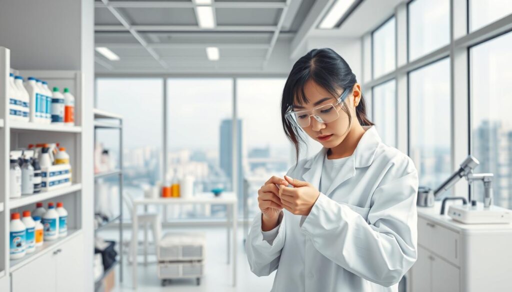 A cleanroom interior with bright, even lighting and a sleek, minimalist design. In the foreground, a young Japanese woman in a pristine white lab coat and safety goggles carefully examines a piece of fabric, her face focused and intense. In the middle ground, shelves of cleaning supplies and specialized equipment - stain removers, detergents, and advanced fabric-testing tools. The background features a large window overlooking a serene urban landscape, conveying a sense of professionalism and expertise. The overall atmosphere is one of precision, diligence, and the mastery of textile care and restoration.