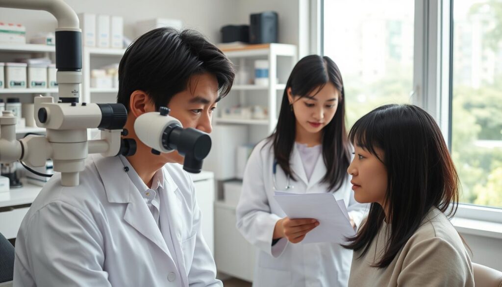 A clinical examination room with bright, natural lighting. In the foreground, an optometrist in a crisp white coat examines the eyes of a patient using a slit lamp. In the middle ground, an ophthalmologist in a lab coat reviews a medical chart, their gaze thoughtful. The background features diagnostic equipment, shelves of medical supplies, and a window overlooking a verdant urban landscape. The models are young Japanese individuals with black hair, their expressions calm and professional. The scene conveys the collaborative nature of eye care, with the distinct yet complementary roles of optometrist and ophthalmologist.