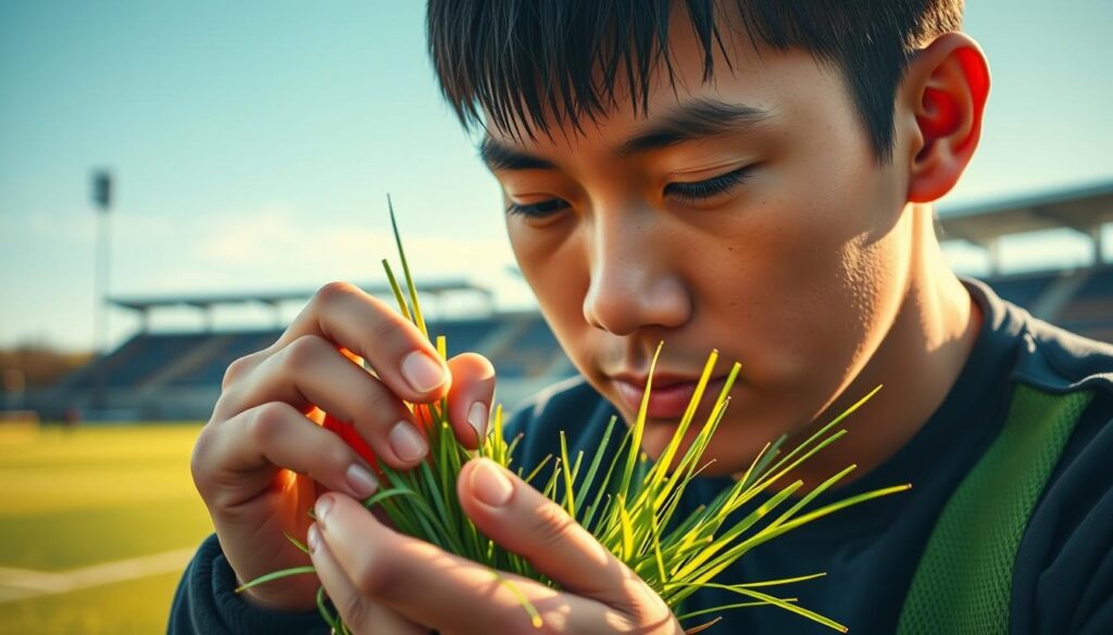 A close-up of a young, Japanese-looking groundskeeper intently examining a handful of grass blades, with a serene, focused expression. The scene is set against a backdrop of a well-manicured sports field, with vibrant green turf and a clear blue sky. Warm, natural lighting casts a soft glow, emphasizing the groundskeeper's attention to detail and deep understanding of the playing surface. The composition highlights the groundskeeper's specialized knowledge and dedication to their craft, conveying the expertise required to maintain a high-quality playing field.