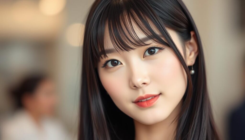 A close-up portrait of a young, Japanese-looking female fashion model, with flawless porcelain skin and a natural, radiant expression. Her long, silky black hair frames her delicate facial features, accentuated by subtle, tasteful makeup. The scene is captured with a high-quality DSLR camera, using a shallow depth of field to create a soft, blurred background that focuses the viewer's attention on the model's captivating gaze. The lighting is soft and diffused, casting a warm, flattering glow on her face, highlighting her natural beauty. The overall mood is polished, elegant, and inviting, conveying the professionalism and social media-savvy of a successful fashion model.