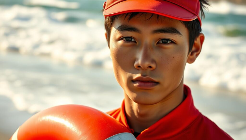 A close-up portrait of a young, Japanese-looking lifeguard in their early 20s, focused and determined, wearing a bright red lifeguard uniform and holding a lifesaving buoy. The subject is standing in a coastal setting, with a backdrop of a sunny beach and crashing waves. The lighting is natural and warm, accentuating the subject's facial features and the details of the uniform. The composition emphasizes the lifeguard's expertise and professionalism, conveying a sense of preparedness and the importance of their role in keeping beachgoers safe.