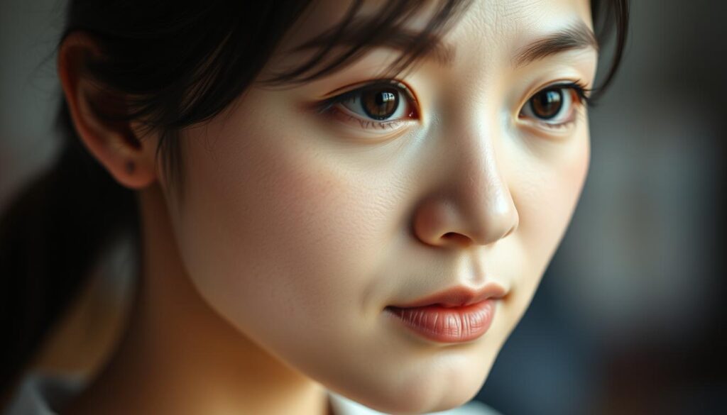 A close-up portrait of a young Japanese social worker, their compassionate gaze and attentive expression conveying the empathy and dedication required for the role. The lighting is soft and diffused, creating a warm, intimate atmosphere that reflects the nurturing nature of the profession. The subject's face is finely detailed, with delicate features and dark, expressive eyes that draw the viewer in. The background is subtly blurred, keeping the focus on the social worker's face and body language, which embody the patience, problem-solving skills, and interpersonal abilities essential for this caring vocation.