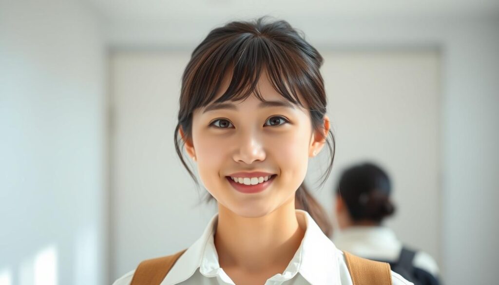 A close-up portrait of a young Japanese tour guide, with a warm and inviting expression. They stand in a well-lit, minimalist setting, dressed in a professional yet approachable outfit. The subject's eyes convey a sense of attentiveness and their posture suggests a poised, confident demeanor. The lighting is soft and diffused, creating a pleasant, natural ambiance. The composition draws the viewer's focus to the tour guide's face, highlighting their essential role in providing English-language communication and expertise. The overall mood is one of professionalism, approachability, and the importance of effective cross-cultural interaction.