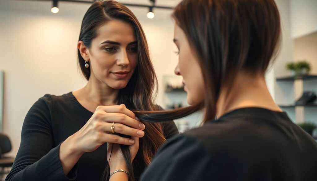 A close-up shot of a professional hairstylist intently listening to a customer, their facial expressions conveying empathy and engaged attention. The stylist's hands are delicately placing strands of the client's glossy, dark hair, showcasing their deft technical skills. The setting is a modern, well-lit salon, with minimalist decor and clean lines, creating a serene, relaxing atmosphere. Soft, diffused lighting accentuates the stylists' warm, personable demeanor as they build a connection with the client, highlighting the importance of interpersonal communication in the beauty industry.