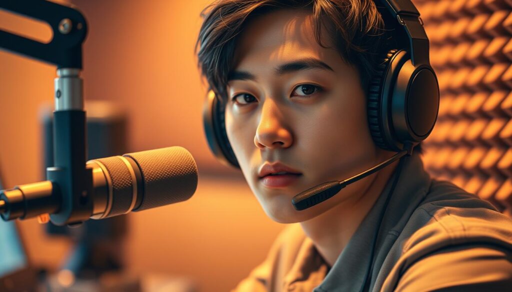 A close-up shot of a young, Japanese-looking radio DJ wearing a headset and sitting in front of a professional-grade studio microphone. The lighting is warm and soft, creating a cozy, intimate atmosphere. The DJ's expression is focused and intense, conveying the dedication and skill required for this specialized role. The background is blurred, with subtle hints of studio equipment and soundproofing materials, emphasizing the subject's importance. The overall image radiates the professionalism and technical expertise associated with the art of radio broadcasting.
