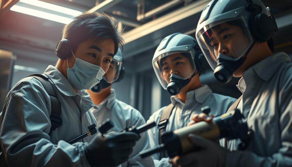 A close-up view of a team of young Japanese-looking pest control technicians in uniform, showcasing their specialized equipment and tools. The scene is set in a dimly lit, industrial-style interior, with a focus on the intricate technical details of their work. The lighting is dramatic, casting shadows and highlights that accentuate the professionals' focused expressions and the precision of their movements. The overall atmosphere conveys a sense of expertise, efficiency, and a deep understanding of the complex techniques required for effective pest control.