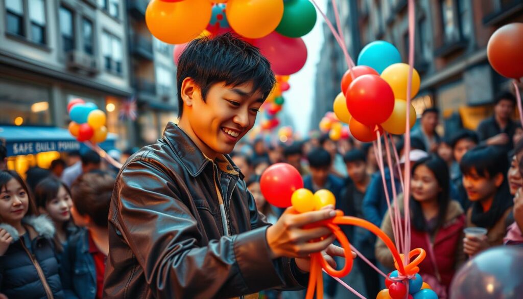 A colorful and vibrant scene of a successful balloon artist entertaining a crowd of mesmerized onlookers. The protagonist, a young Japanese-looking individual with dark hair, skillfully manipulates an array of colorful balloons, crafting intricate sculptures that delight the audience. The lighting is warm and inviting, casting a soft glow on the performer's face as they concentrate intently on their craft. The background is a bustling urban setting, with city buildings and people milling about, creating a lively and energetic atmosphere. The overall mood is one of joy, wonder, and a sense of accomplishment, capturing the essence of a thriving balloon artist's success story.