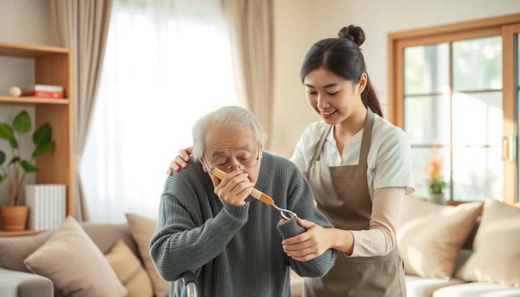 A comfortable home environment, with a young, Japanese-looking home helper assisting an elderly person in their daily activities. The helper, dressed in a simple but professional uniform, carefully guides the senior through their routine, offering a warm and attentive presence. Soft, natural lighting fills the scene, creating a peaceful and inviting atmosphere. The composition captures the helper's focused attention and the senior's sense of security, conveying the important role of home helpers in maintaining independent living for the elderly.