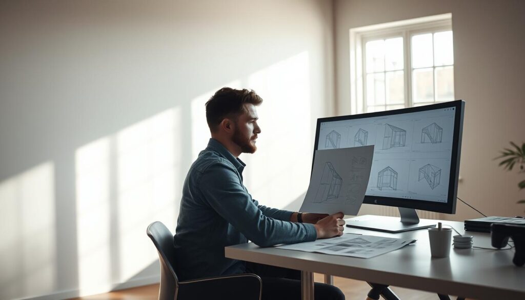 A conceptual artist in a minimalist studio, sitting at a desk and studying meticulously detailed sketches and digital mockups on a high-resolution display. Natural light floods the space through large windows, casting a warm, focused glow. The artist wears a thoughtful expression, immersed in the creative process. The background is uncluttered, allowing the subject to be the central focus. Soft shadows and muted tones evoke a sense of contemplation and intellectual rigor. The scene conveys the dedication and precision required to master the conceptual design craft.