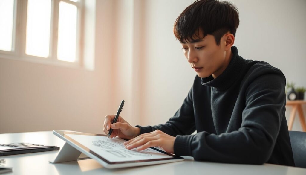 A conceptual designer working meticulously, sketching ideas on a tablet with a stylus in a well-lit, minimalist studio. The designer, a young Japanese-looking individual with neatly cropped black hair, is deeply focused, their face reflecting a thoughtful expression. The background is clean and uncluttered, allowing the designer's work to take center stage. Soft, warm lighting from large windows casts a gentle glow, creating a serene and productive atmosphere. The overall scene conveys the careful preparation and creative mindset required for the conceptual design process.