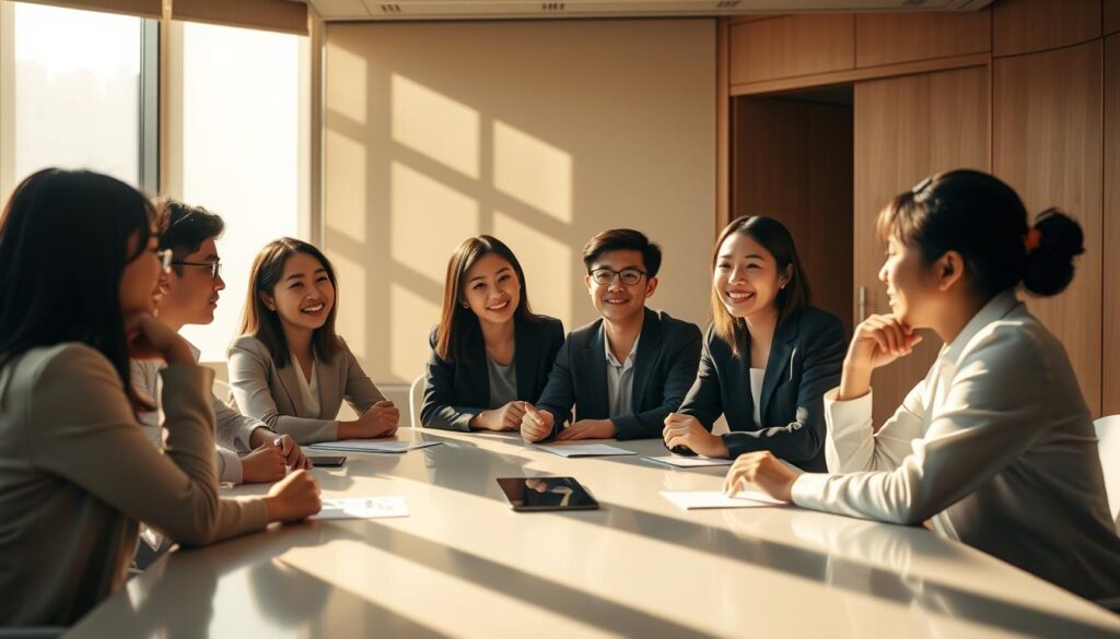 A conference room bathed in warm, natural light. A group of young, Japanese-looking professionals seated around a sleek, modern table, engaged in an animated discussion. Careful attention is paid to their body language and facial expressions, conveying the importance of the meeting. The room is adorned with minimal, yet sophisticated decor, hinting at a corporate, yet creative atmosphere. Shadows and highlights accentuate the sense of depth, while a shallow depth of field draws the viewer's focus to the faces of the participants. An air of thoughtfulness and collaboration permeates the scene, underscoring the significance of the "planning meeting" at the heart of the image.