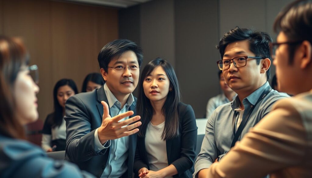 A conference room filled with young Japanese professionals, engaged in a group discussion. The facilitator, a focused individual with a thoughtful expression, guides the conversation, their hands gesturing to emphasize key points. The other participants lean in, attentive, their faces reflecting a mix of concentration and uncertainty. Soft, natural lighting illuminates the scene, casting warm shadows that add depth and dimension. The overall atmosphere conveys a sense of collaboration and problem-solving, with the facilitator playing a central role in navigating the group dynamics. A subtle tension is palpable, hinting at potential challenges or missteps that could arise during the facilitation process.