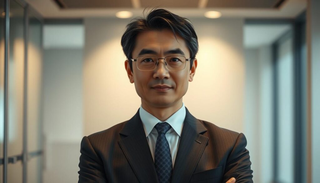 A confident, well-dressed Japanese commissioner standing in a modern, well-lit office, exuding authority and professionalism. The commissioner has a sharp, intelligent gaze and a poised, upright posture, conveying a sense of expertise and decision-making ability. The lighting casts subtle shadows, accentuating the commissioner's features and creating a sense of depth and sophistication. The background is blurred, placing the focus entirely on the commissioner's presence and aura of success.