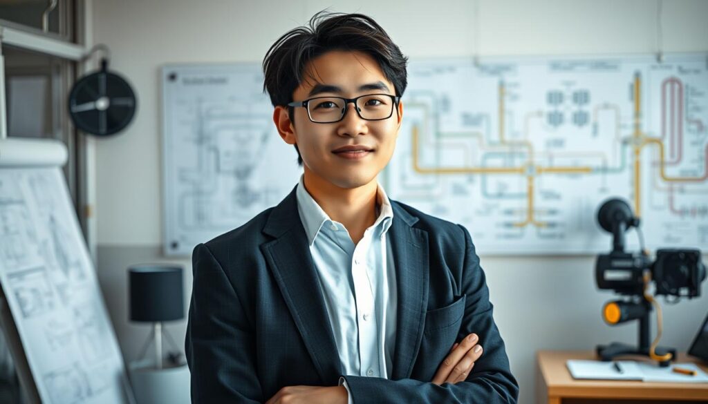 A confident, young Japanese consultant stands in a well-lit office, surrounded by detailed engineering diagrams and technical equipment. Their focused expression conveys a deep understanding of water infrastructure systems. The lighting is soft and directional, casting subtle shadows that accentuate the subject's features. The composition places the consultant in the foreground, with the background blurred to emphasize their expertise. The overall mood is one of professionalism, expertise, and a dedication to the successful planning and management of water and sewage systems.