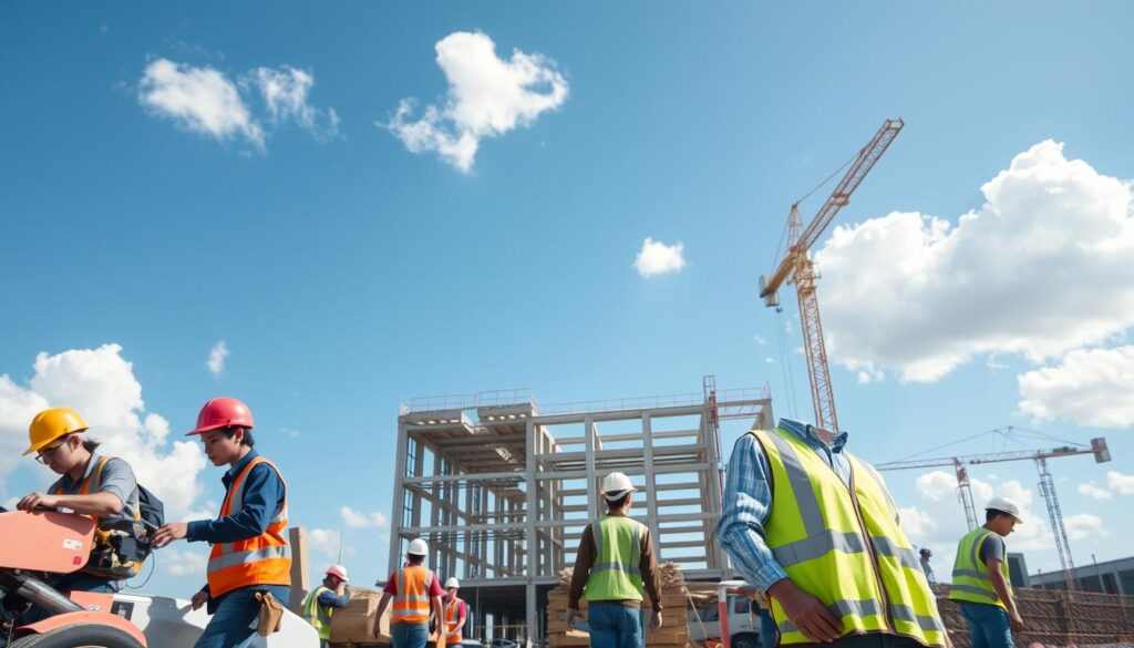 A construction site on a bright, sunny day. In the foreground, a group of young, Japanese-looking construction workers in hard hats and safety gear are engaged in various tasks - some operating heavy machinery, others carrying materials or working on scaffolding. The middle ground shows the partially completed structure, with cranes and other equipment visible. The background features a clear blue sky dotted with fluffy white clouds, conveying a sense of openness and airiness. The lighting is natural and the scene has a realistic, documentary-style aesthetic, capturing the challenging yet dynamic nature of the construction workers' daily lives.