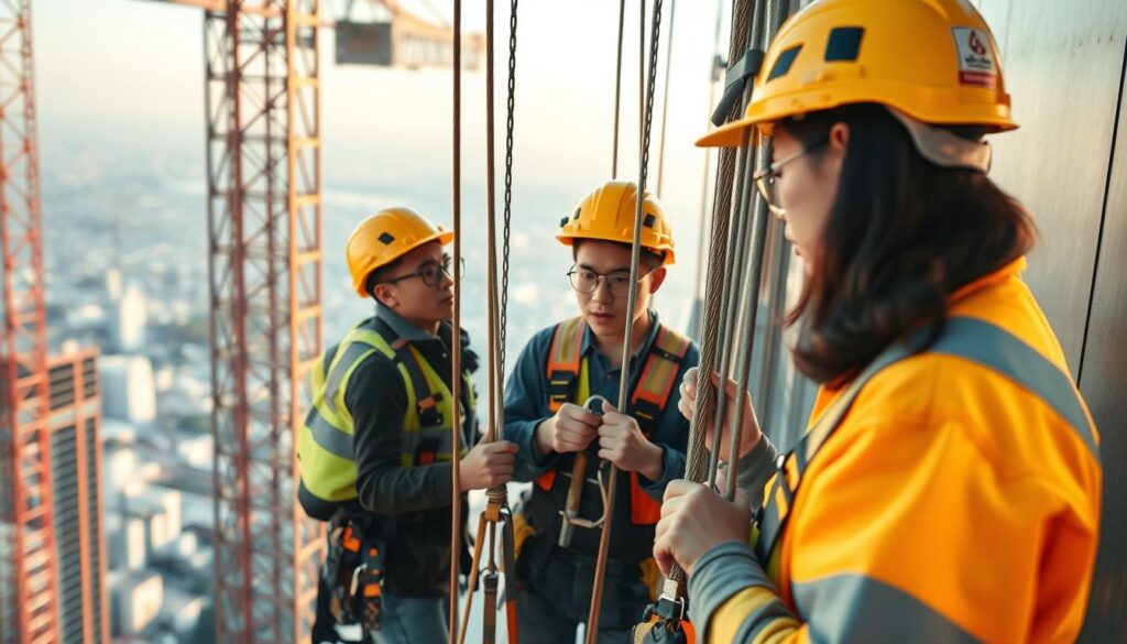 A construction site on a high-rise building, with a team of young Japanese workers in hard hats and safety gear meticulously inspecting the safety harnesses and rigging. Soft, warm lighting illuminates the scene, capturing the focus and diligence of the workers as they ensure the proper implementation of safety protocols. The background features the towering structure, conveying the sense of height and the need for vigilance. The image emphasizes the importance of safety management in the challenging work environment of high-altitude construction.