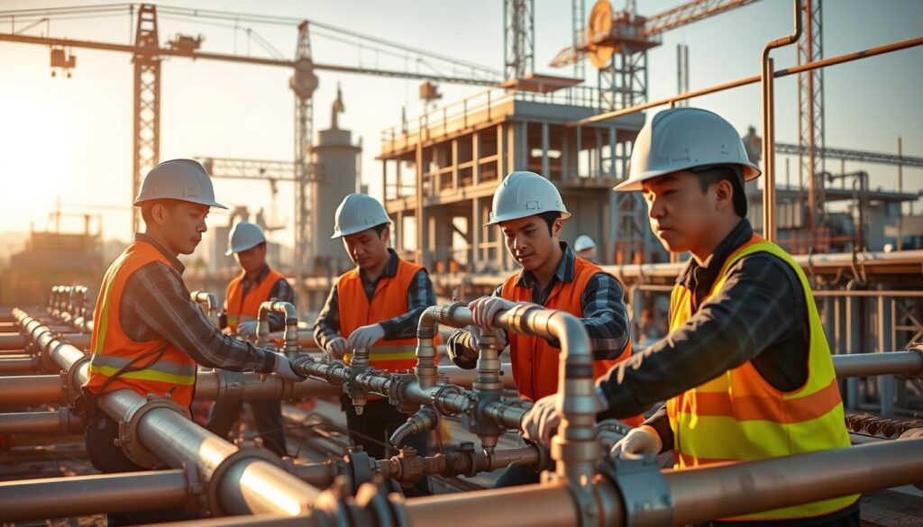 A construction site with a team of young Japanese-looking plumbers in hard hats, working diligently on a complex network of pipes. The scene is bathed in warm, natural lighting, casting long shadows and highlighting the intricate details of the pipes and fittings. The plumbers move with a sense of focus and purpose, adhering to strict safety protocols as they carry out their tasks. The background is a blend of industrial structures and natural elements, conveying a sense of the plumbers' role in maintaining the essential infrastructure that keeps the city running. The overall atmosphere is one of professionalism, efficiency, and a deep commitment to the safety and well-being of the workers.