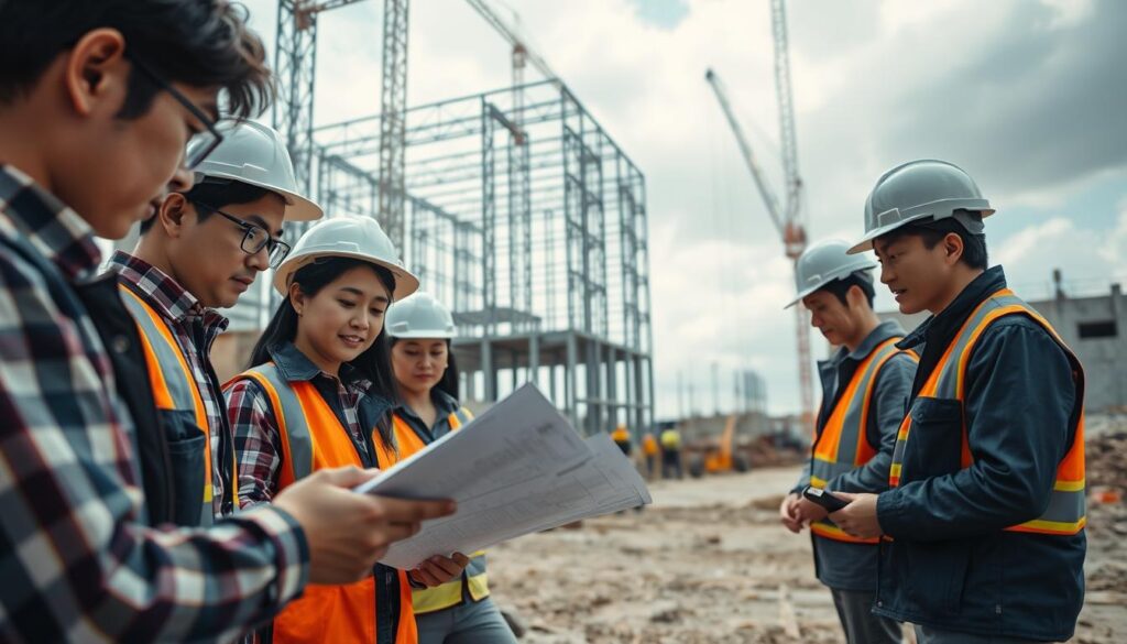 A construction site with young, Japanese-looking individuals meticulously overseeing the construction process. In the foreground, a team of engineers closely examining blueprints and taking notes, their expressions focused and determined. In the middle ground, workers in hard hats and reflective vests are diligently operating heavy machinery, carrying out their tasks with precision. The background showcases the partially completed structure, its steel frame and concrete foundations rising against a backdrop of a cloudy, yet bright sky. The scene is captured with a cinematic wide-angle lens, emphasizing the scale and complexity of the construction project. The overall mood is one of professionalism, attention to detail, and a shared commitment to delivering a high-quality end product.