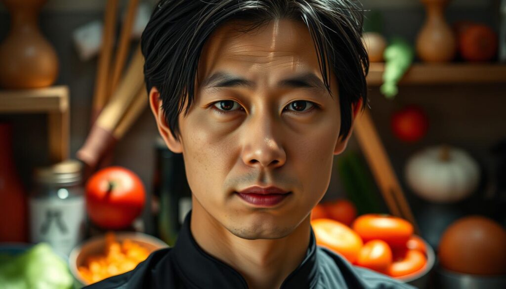 A contemplative Japanese food professional stands before a backdrop of culinary ingredients, their face serene and focused. Soft, natural lighting bathes the scene, casting subtle shadows that accentuate the contours of their visage. The individual radiates a sense of dedication, discipline, and a deep reverence for the art of gastronomy. Their gaze is unwavering, conveying a steadfast commitment to excellence and a profound understanding of the responsibility inherent in their craft. The overall mood is one of quiet determination, reflecting the mindset of a true master of the culinary arts.