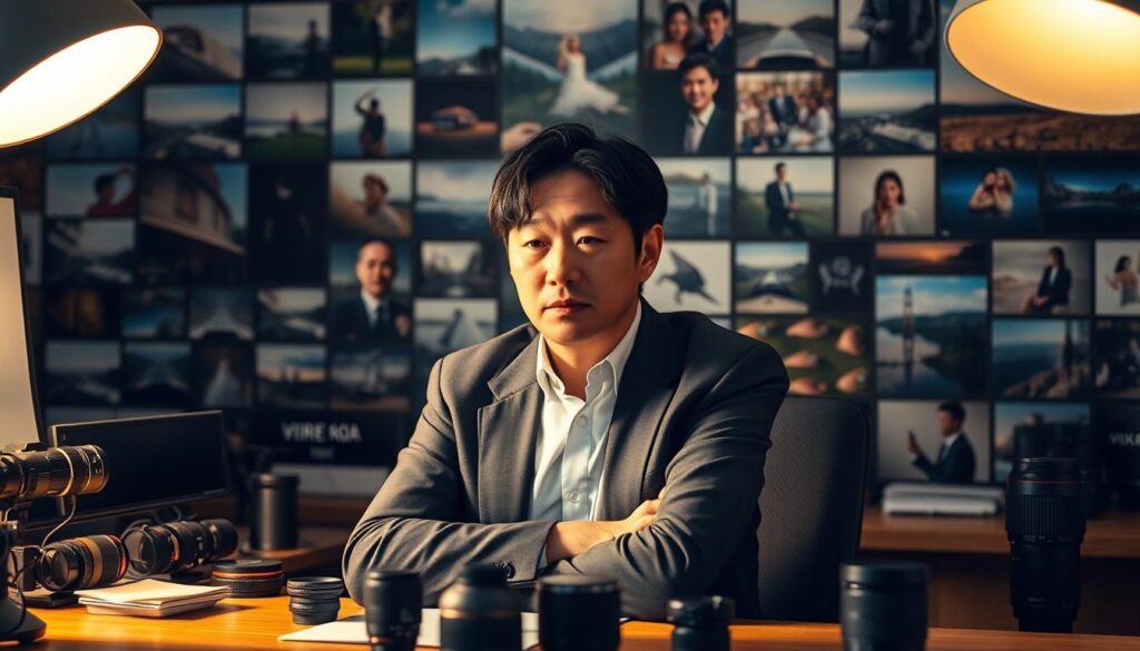 A contemporary Japanese photography director sits thoughtfully at their desk, surrounded by cameras, lenses, and a large wall display showcasing various photographic works. The lighting is warm and natural, casting a subtle glow on the director's focused expression. The image conveys a sense of professionalism, expertise, and a deep passion for the craft of photography. The scene is composed to highlight the director's contemplative mood and the technical tools of their trade, suggesting the nuanced skills and considerations involved in their high-earning profession.