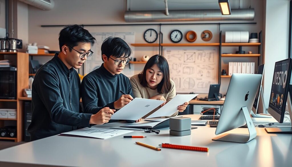 A contemporary industrial design studio setting with three young Japanese-looking designers intently sketching and brainstorming at a sleek, minimalist workstation. Warm, directional lighting illuminates their focused expressions as they collaborate on innovative product concepts. The background features an array of engineering tools, CAD software, and technical reference materials, conveying the educational and technical expertise required for this specialized profession. The overall atmosphere exudes a sense of creative problem-solving and dedication to the craft of industrial design.