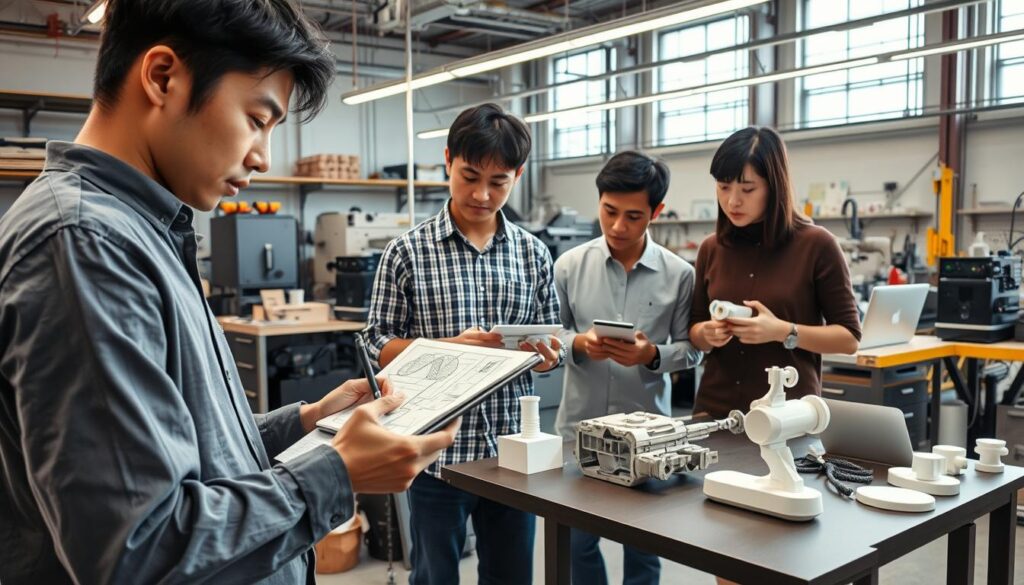 A contemporary industrial design studio with a team of young, Japanese-looking designers collaborating on a cutting-edge product. The foreground features a designer sketching intently on a tablet, surrounded by technical drawings, CAD models, and physical prototypes. The middle ground showcases the designers reviewing 3D-printed mock-ups and discussing design iterations under bright, directional lighting. In the background, a state-of-the-art workshop filled with specialized tools, machines, and materials creates an atmosphere of innovation and technical expertise. The overall scene conveys the diverse skillset, attention to detail, and collaborative spirit required for successful industrial design.