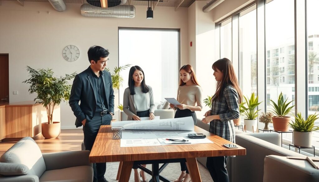 A contemporary office interior with clean, minimalist aesthetics. Three young Japanese professionals, a man and two women, are discussing plans and designs for an exterior landscape project. They stand around a large wooden table, their expressions focused and engaged. Warm, natural lighting filters in through large windows, casting a soft glow over the scene. The space is adorned with potted plants, sleek furniture, and modern architectural details that evoke a sense of creativity and professionalism. The overall mood is one of dynamic collaboration and the pursuit of their independent design venture.