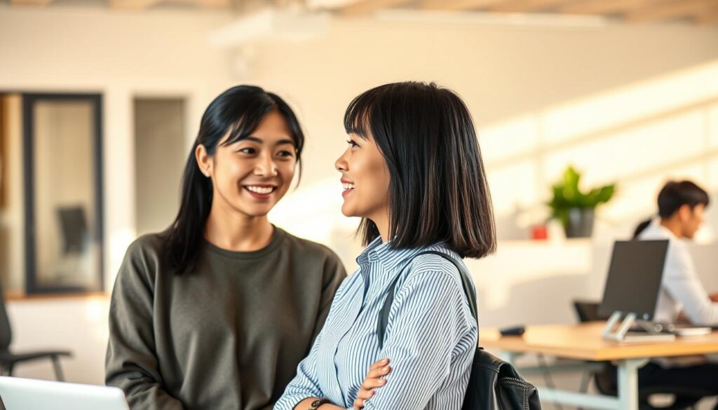 A contemporary office scene showcasing the growing demand for design producers in the Japanese job market. In the foreground, a trio of young, black-haired Japanese professionals engage in a lively discussion, their expressions conveying a sense of optimism and opportunity. The middle ground features a sleek, minimalist workspace with clean lines and subtle pops of color, reflecting the aesthetic sensibilities of the design industry. The background is bathed in warm, natural lighting, creating a welcoming and productive atmosphere. The overall mood suggests a dynamic and innovative work environment, where design producers can thrive and contribute to the evolving creative landscape.