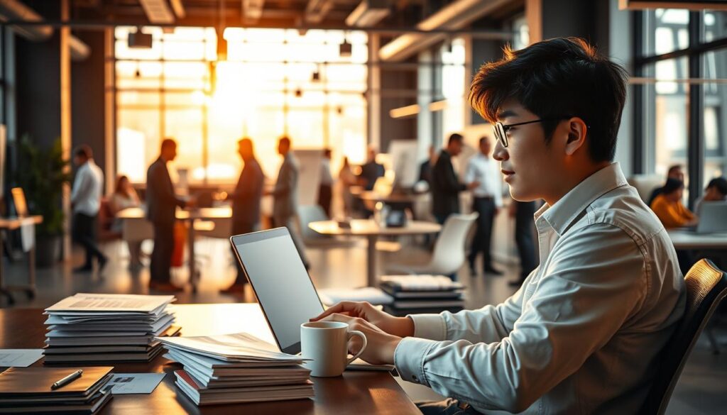 A contemporary office setting, illuminated by warm natural light filtering through large windows. In the foreground, a young Japanese-looking executive producer sits at their desk, deeply engrossed in their work, laptop open and surrounded by stacks of documents and a mug of steaming coffee. In the middle ground, their colleagues collaborate in small groups, engaged in lively discussions. The background reveals a bustling open-plan workspace, with other producers and team members moving purposefully between meetings and workstations. The atmosphere conveys a sense of focused productivity and professional dynamism.