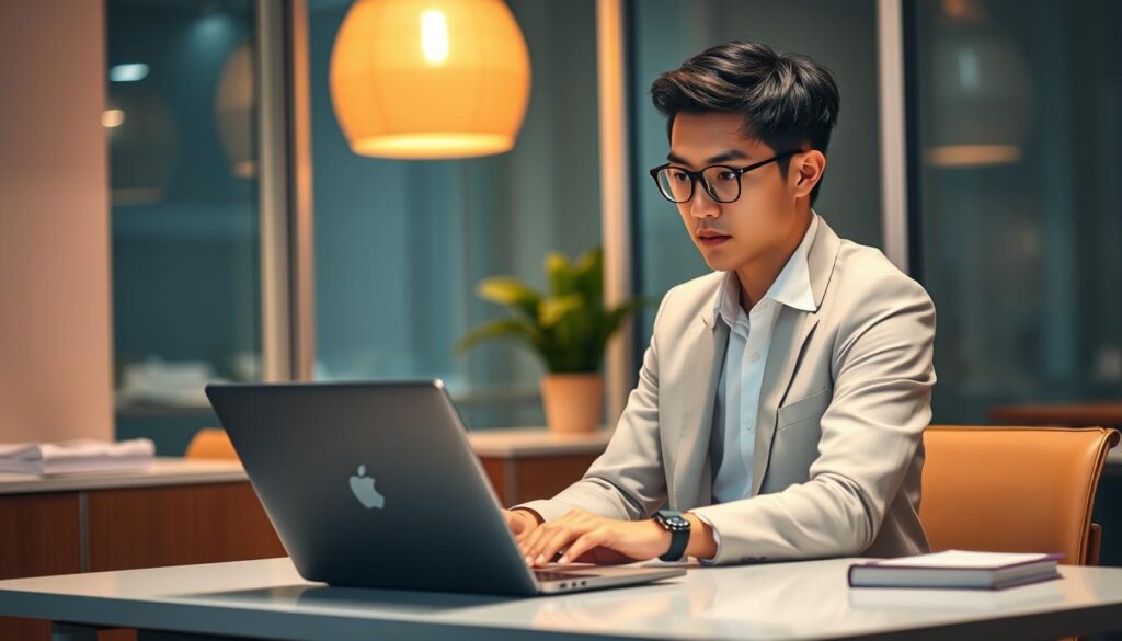 A contemporary office setting with a stylish young Japanese-looking YouTuber seated at a minimalist desk, intently focused on a laptop screen. Ambient lighting casts a warm, professional glow, complemented by sleek, modern furniture. The figure's expression conveys a pensive, studious demeanor, reflecting the subject of legal knowledge for content creators. Subtle visual cues, such as law books or legal documents on the desk, reinforce the conceptual theme without being overly explicit. The overall atmosphere is one of thoughtful, diligent preparation, capturing the essence of the "YouTuber's Legal Knowledge" topic.